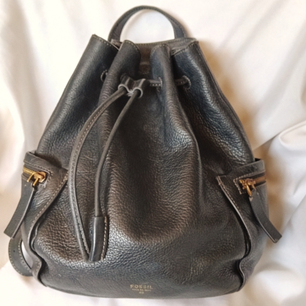 Fossil Black Leather Drawstring Backpack